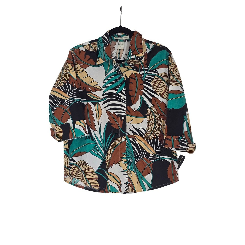 Bamboo Traders Womens Tropical Leaf Zebra Print Cotton Shirt Teal Rust Large NEW
